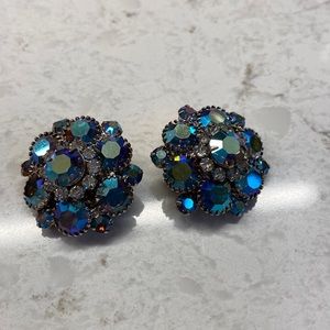 Vintage clip blue and white rhinestone earrings